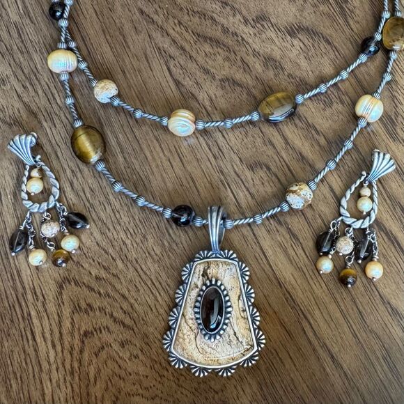 Carolyn Pollack 925 Silver Pendant Necklace Earrings Set Tigers Eye Pearl Jasper - Picture 1 of 15